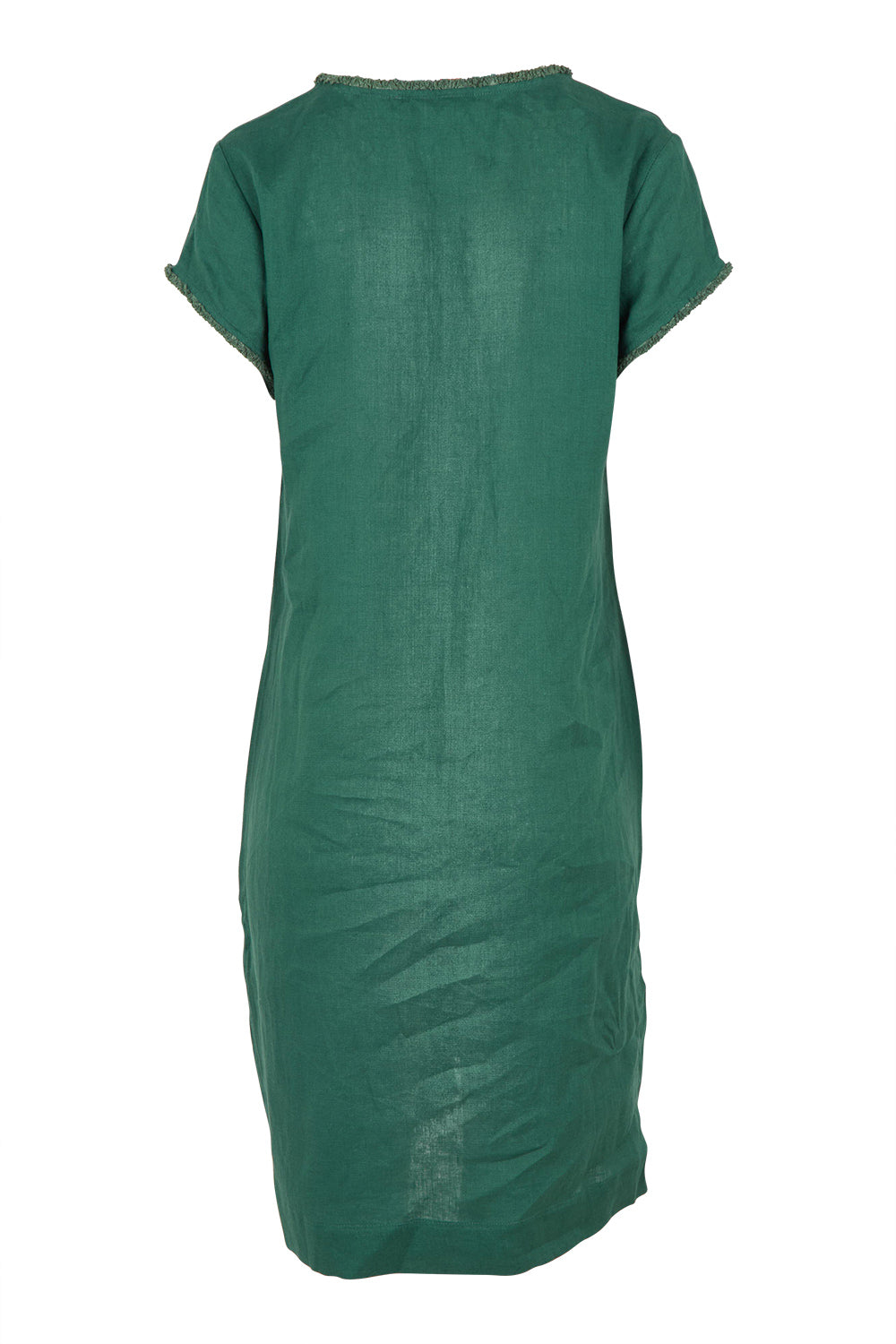 Product shot of the Festival Linen Dress in colour Thyme (Green), from the back