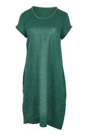Product shot of the Festival Linen Dress in colour Thyme (Green), from the front