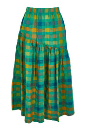 Product shot of the Checkmate Cotton Linen Skirt in colour Greencheck (Green), from the back