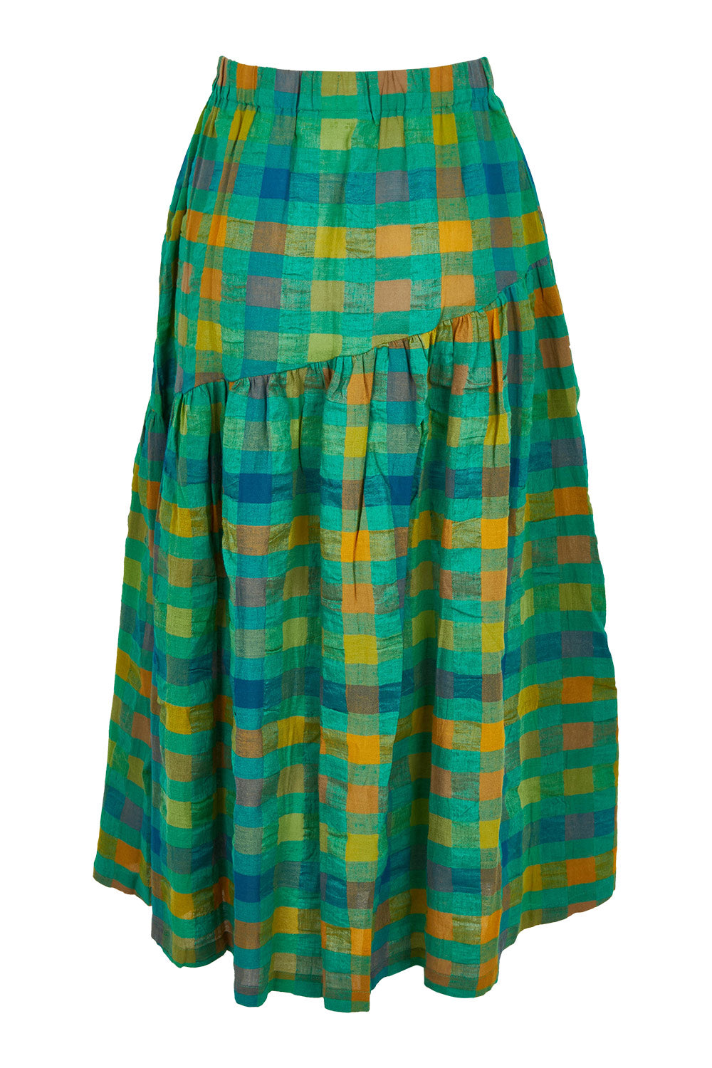 Product shot of the Checkmate Cotton Linen Skirt in colour Greencheck (Green), from the front