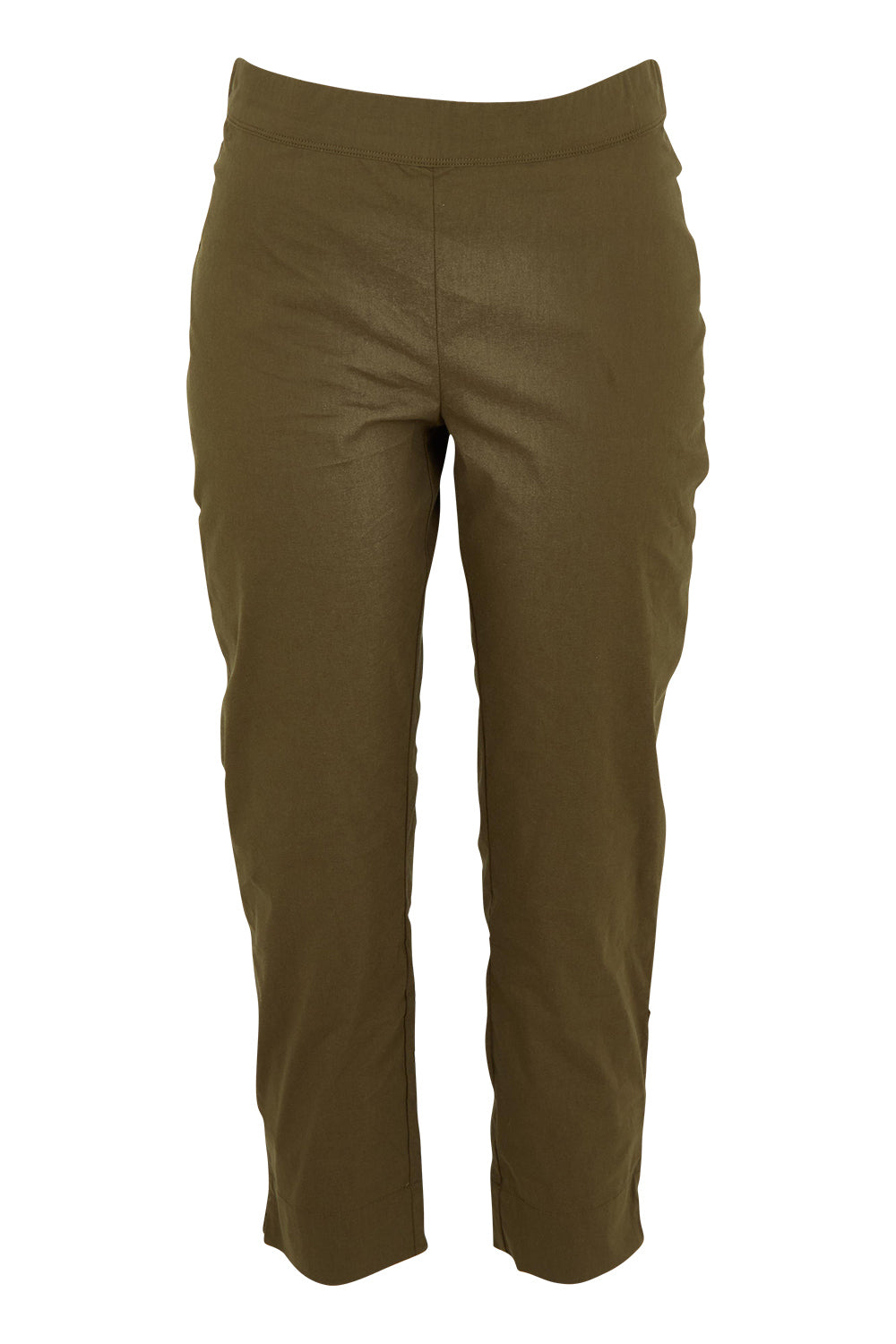Product shot of the Fuss Free 7/8 Pant in colour Kelp (Green), from the front