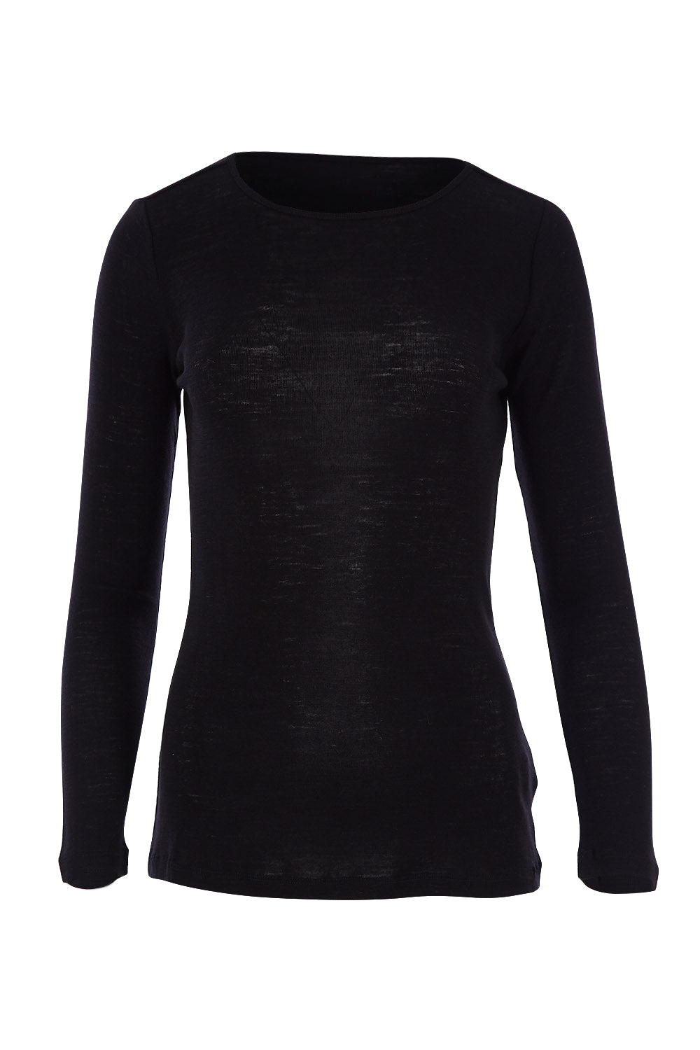 Product shot of the Merino Signature Crew Top in colour Black (Black), from the front