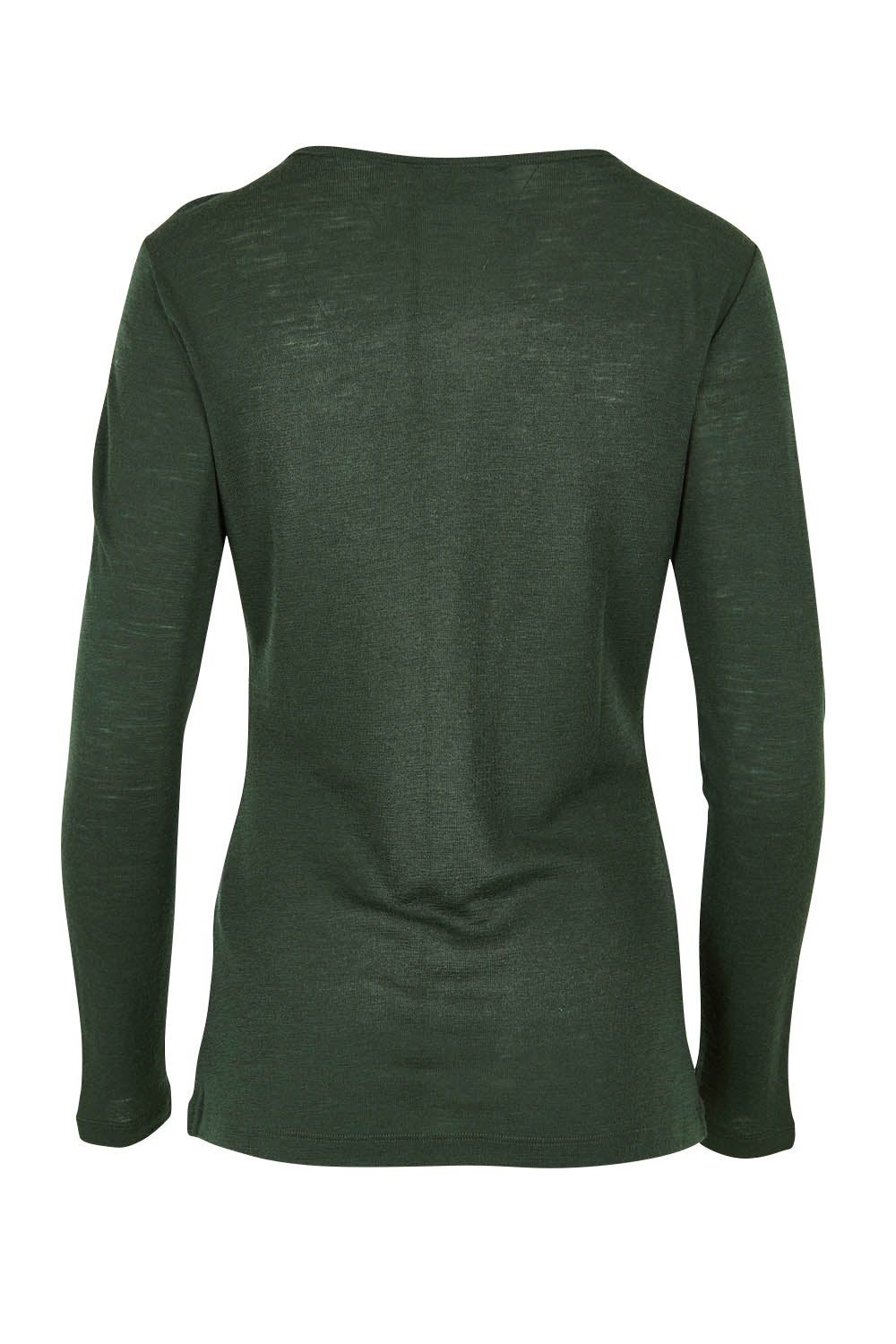 Product shot of the Merino Signature Crew Top in colour Moss (Green), from the back