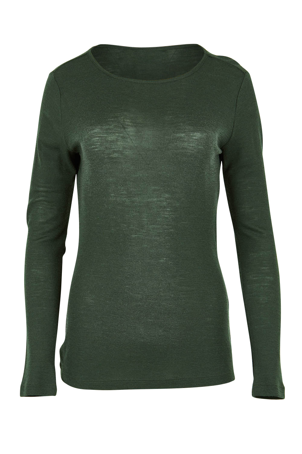 Product shot of the Merino Signature Crew Top in colour Moss (Green), from the front