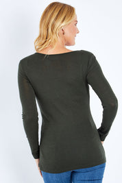 Model Bianca wearing size S of the Signature Crew Neck in colour Olive (Green), from the back