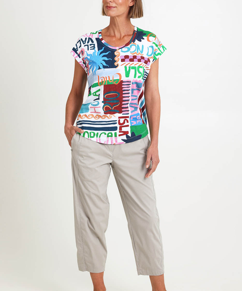 Model Riinar wearing size 10 of the Pump It Up Pant – Barley in colour Barley, from the front