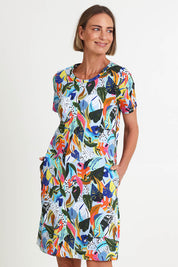 Model Riinar wearing size 10 of the Here Comes Summer Dress – Lyrical in colour Lyrical, from an angle