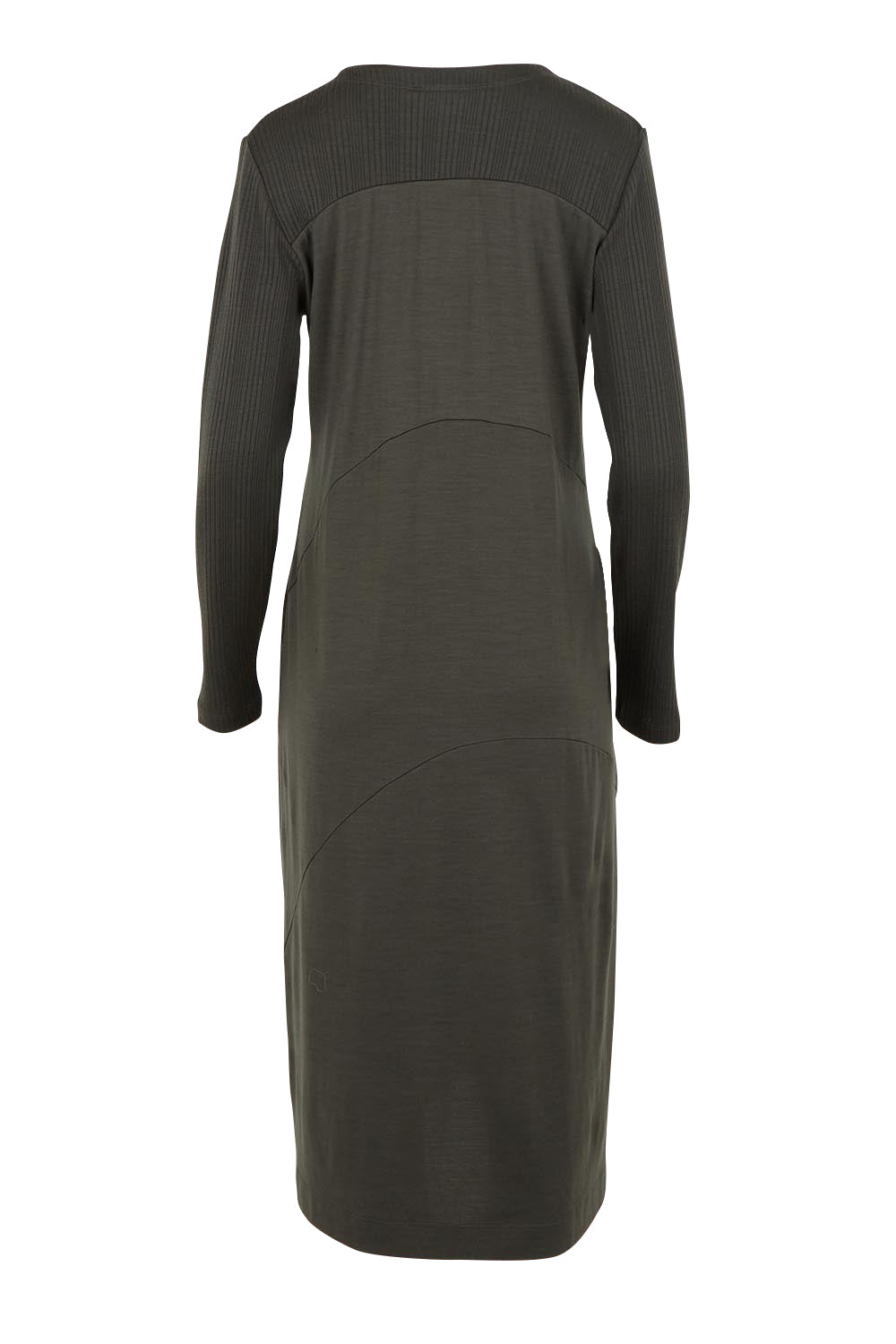 Product shot of the Upper Cut Dress in colour Olive (Green), from the back