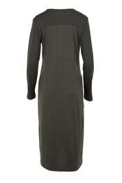 Product shot of the Upper Cut Dress in colour Olive (Green), from the back