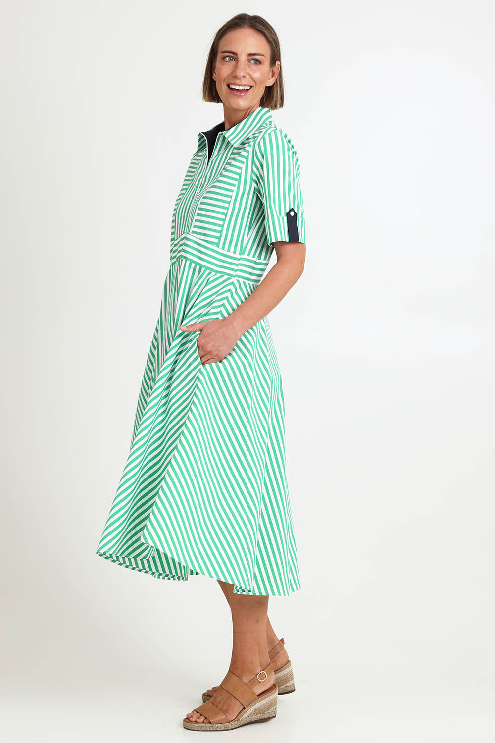Model Riinar wearing size 10 of the On Point Dress – Mintnavy in colour Mintnavy, from the front