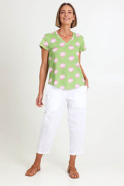Model Riinar wearing size 10 of the Ever So Fine Tee – Keepclam in colour Keepclam, from the front