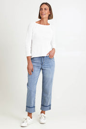 Model Riinar wearing size 10 of the Oh Lala Jean – Stonewash in colour Stonewash, from the front