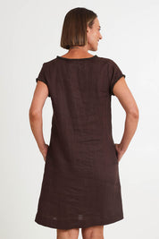 Model Riinar wearing size 10 of the V Festival Dress – Cocoa in colour Cocoa, from the back
