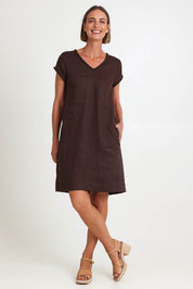 Model Riinar wearing size 10 of the V Festival Dress – Cocoa in colour Cocoa, from the front