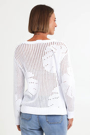 Model Riinar wearing size 10 of the Breeze Easy Sweater – White in colour White, from the back
