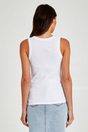 Model Madeline wearing size 10 of the Esme Cotton Tank in colour White (White), from the back