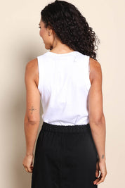 Model Pamelar wearing size 10 of the Esme Cotton Tank - White in colour White, from the back