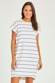 Model Elhana wearing size 10 of the Sunset Cove Stripe Dress in colour Whitenavy (White), from the front, cropped image