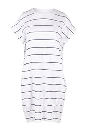 Product shot of the Sunset Cove Stripe Dress in colour Whitenavy (White), from the front