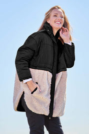 Model Katie wearing size S of the Celia Coat in colour Black (Black), from the front, showing the whole outfit
