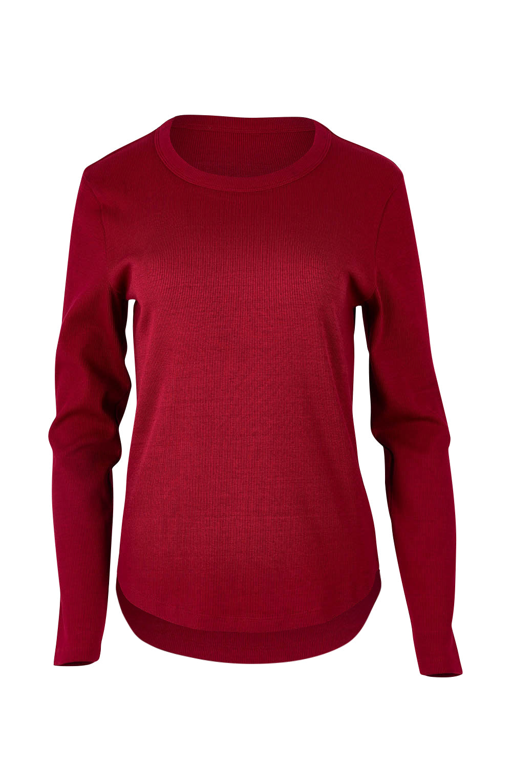 Product shot of the Elements Scoop Rib Cotton Blend  Long Sleeve in colour Beetroot (Red), from the front