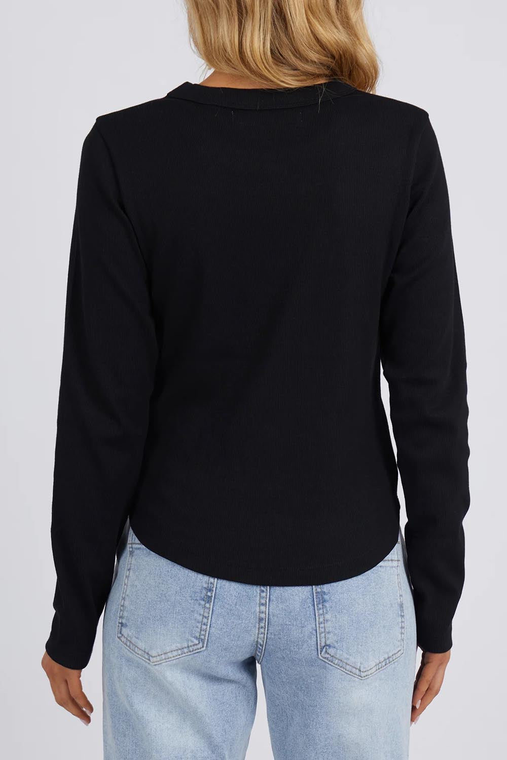 A model wearing the Elements Scoop Rib Cotton Blend  Long Sleeve in colour Black (Black), from the back