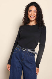 Model Pamelar wearing size 10 of the Elements Scoop Rib Cotton Blend  Long Sleeve - Black in colour Black, in a cropped view