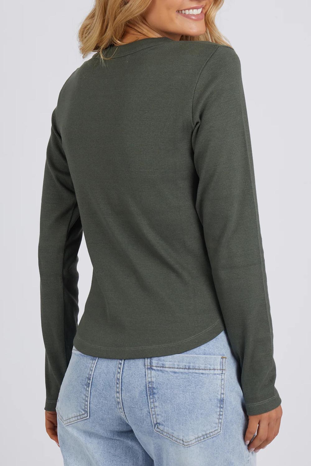 A model wearing the Elements Scoop Rib Cotton Blend  Long Sleeve in colour Khaki (Green), from the back
