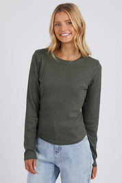 A model wearing the Elements Scoop Rib Cotton Blend  Long Sleeve in colour Khaki (Green), from the front, cropped image