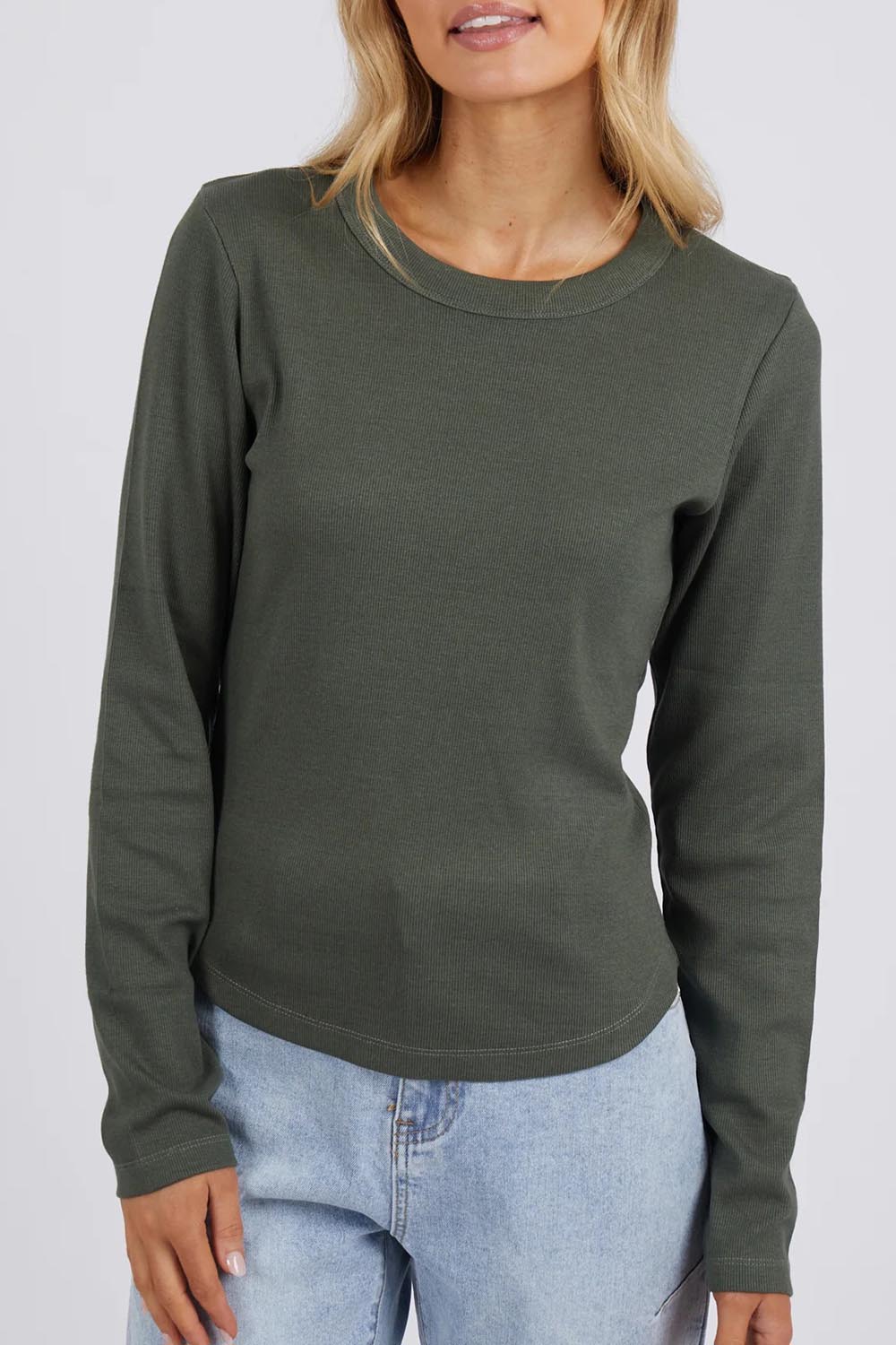 A model wearing the Elements Scoop Rib Cotton Blend  Long Sleeve in colour Khaki (Green), from the front, cropped image