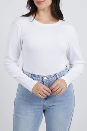 A model wearing the Elements Scoop Rib Cotton Blend  Long Sleeve in colour White (White), from the front, cropped image