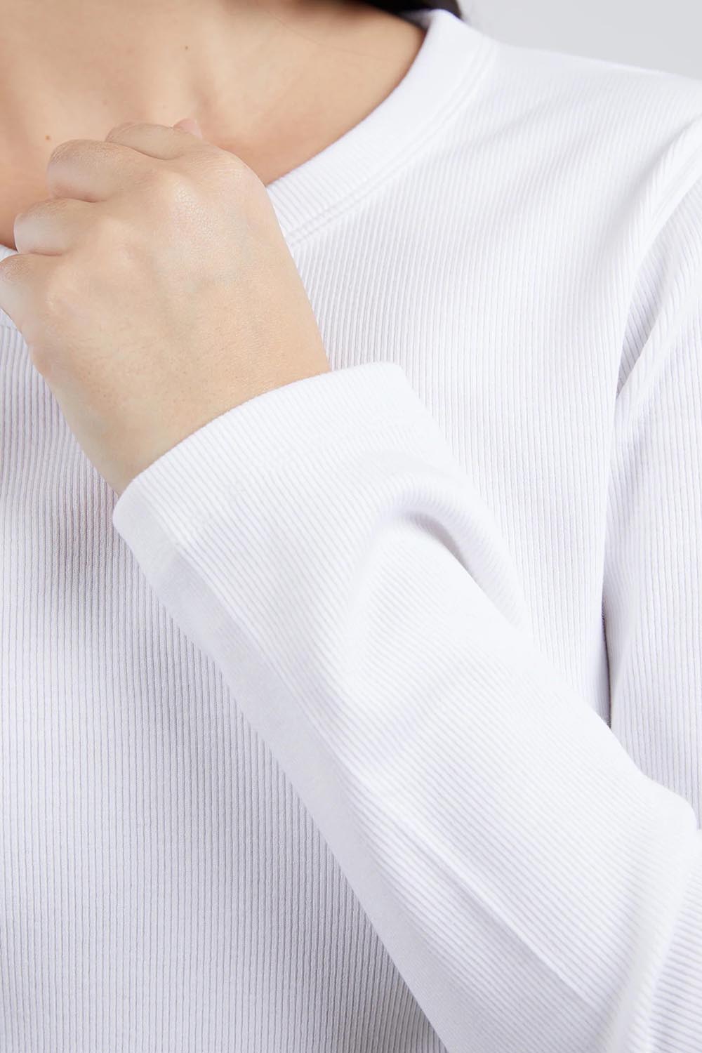 A model wearing the Elements Scoop Rib Cotton Blend  Long Sleeve in colour White (White), from the front, cropped image