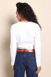 Model Pamelar wearing size 10 of the Elements Scoop Rib Cotton Blend  Long Sleeve - White in colour White, from the back