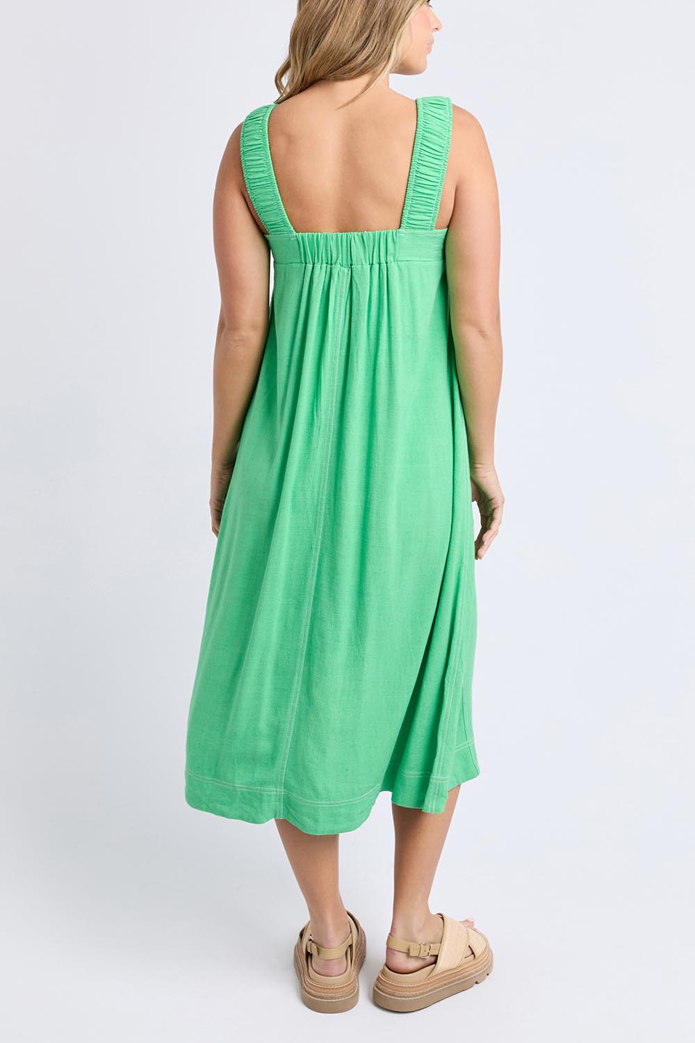 A model wearing the Sage Dress in colour Irishgreen (Green), from the back