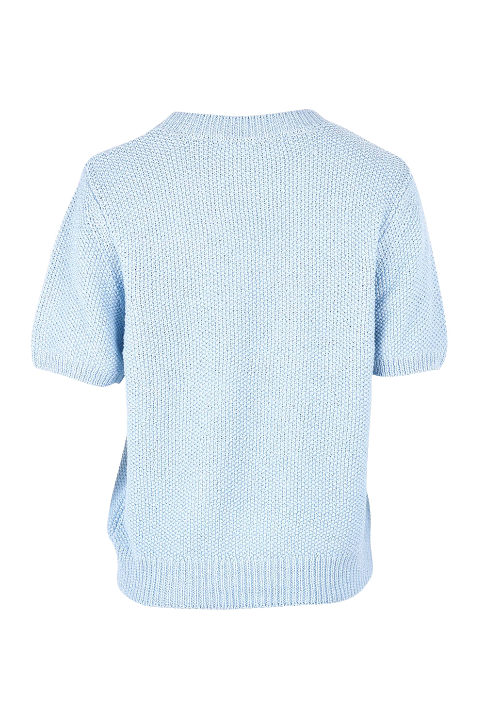 Product shot of the Blair Short Sleeve Cotton Knit in colour Cascadeblu (Blue), from the back