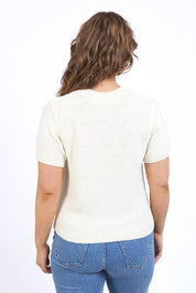 A model wearing the Blair Short Sleeve Cotton Knit in colour Vinwhite (White), from the back