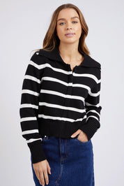 A model wearing the Effie Polo Knit in colour Blackwhite (Black), from the front, cropped image