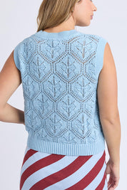 A model wearing the Luna Cotton Knit Vest in colour Cerulean (Blue), from the back