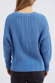 A model wearing the Winnie Knit Crew in colour Dukeblue (Blue), from the back