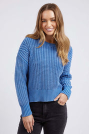 A model wearing the Winnie Knit Crew in colour Dukeblue (Blue), from the front, cropped image