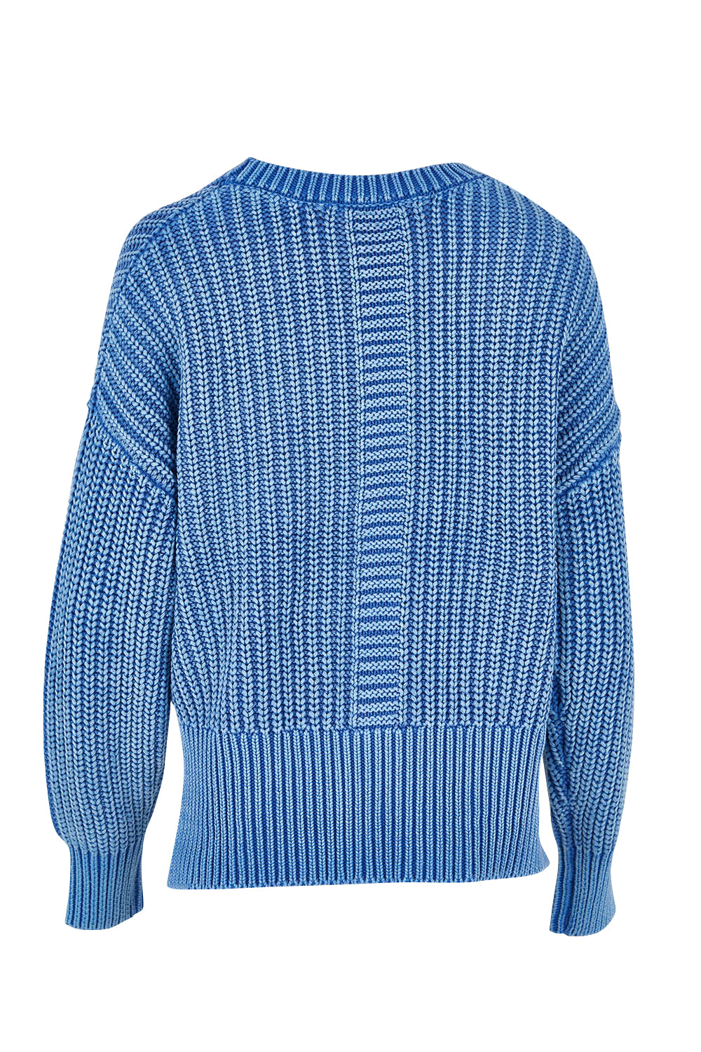 Product shot of the Winnie Knit Crew in colour Dukeblue (Blue), from the back