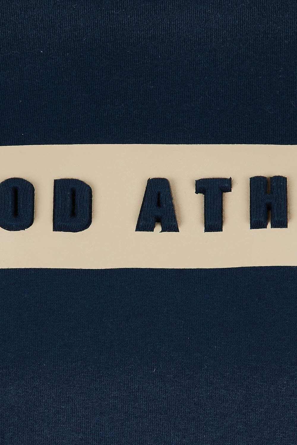 Product shot of the Leisure Foxwood Athletics Tee in colour Navy (Blue), detail
