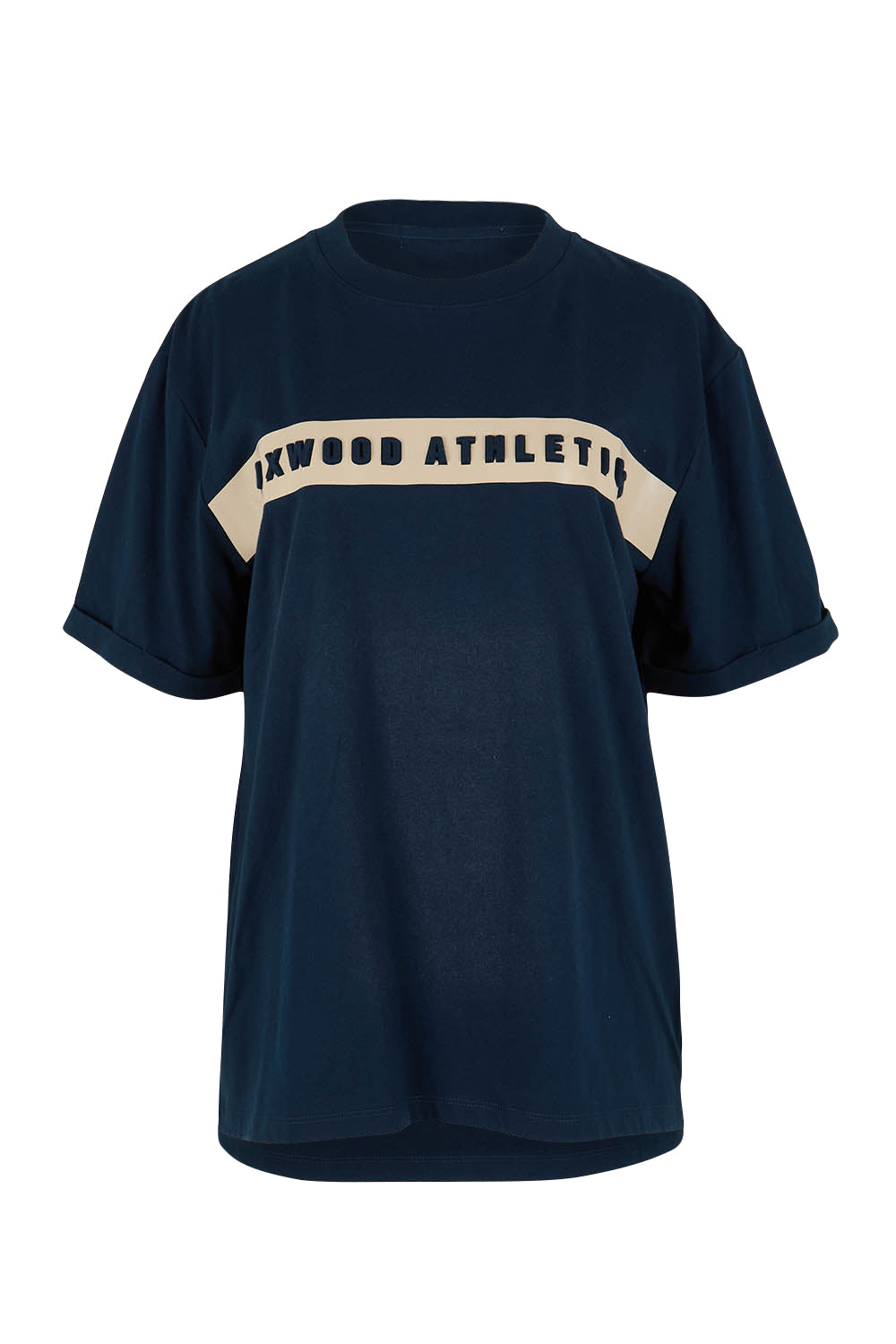 Product shot of the Leisure Foxwood Athletics Tee in colour Navy (Blue), from the front