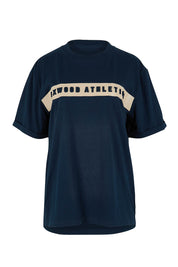Product shot of the Leisure Foxwood Athletics Tee in colour Navy (Blue), from the front