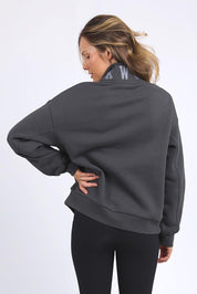 A model wearing the Elements College Zip Crew in colour Coal (Grey), from the back