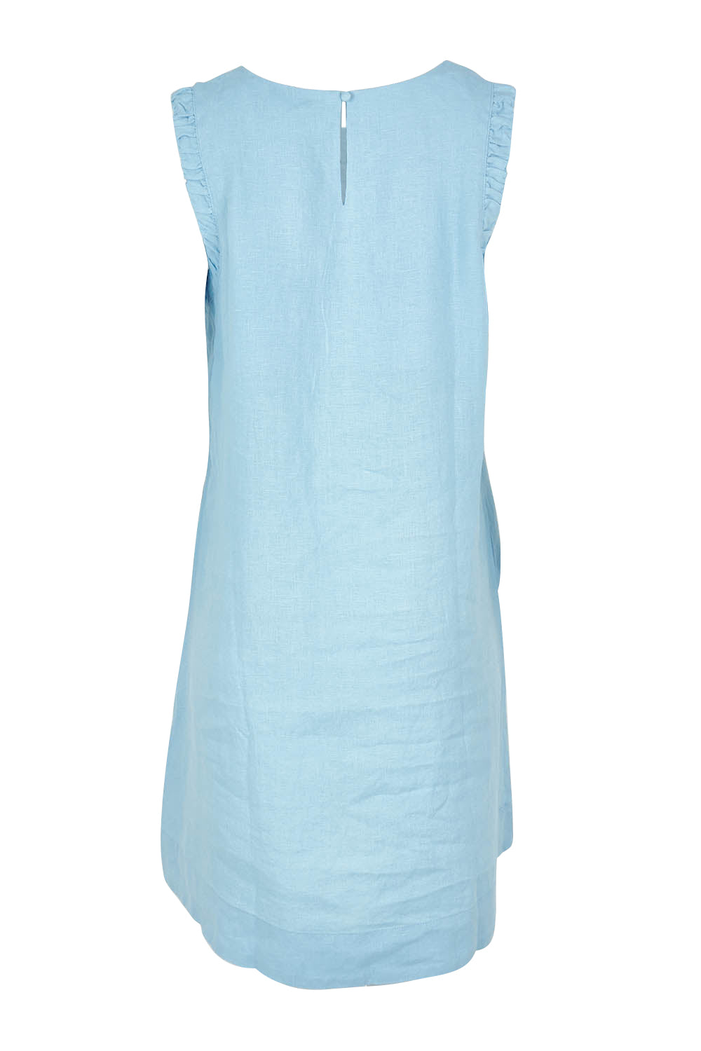 Product shot of the Bastia Linen Dress in colour Bluebelle (Blue), from the back