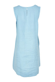 Product shot of the Bastia Linen Dress in colour Bluebelle (Blue), from the back