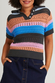 Model Olivia wearing size 10 of the Gazelle Cotton Stripe Knit in colour Multi (Black), from the front, cropped image