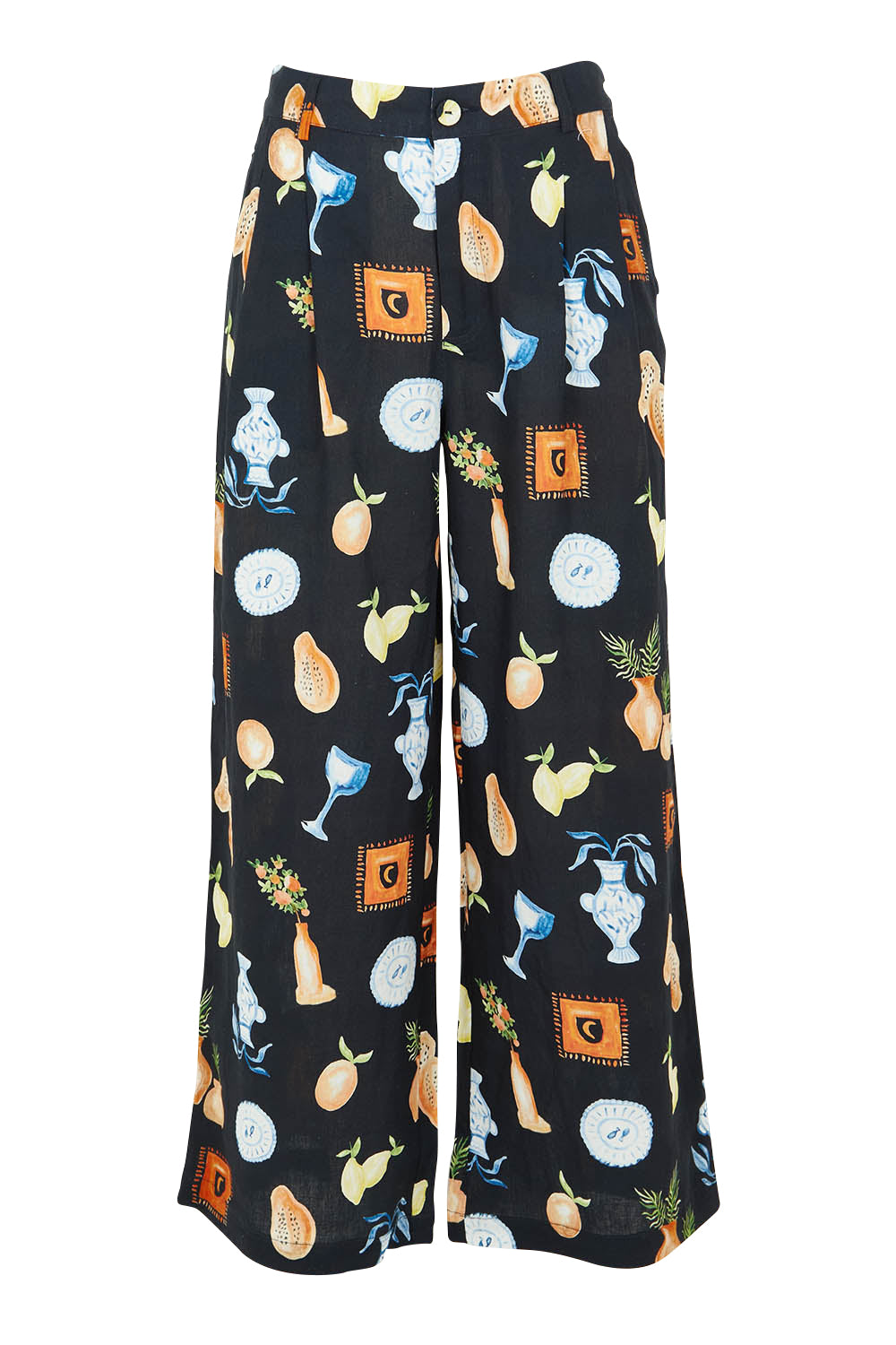 Product shot of the Italian Summer Linen Blend Pants in colour Print (Black), from the front