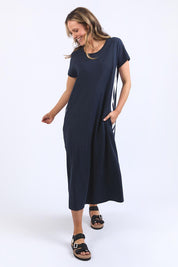 A model wearing the Leisure Recovery Cotton Dress in colour Navy (Blue), from the front, showing the whole outfit